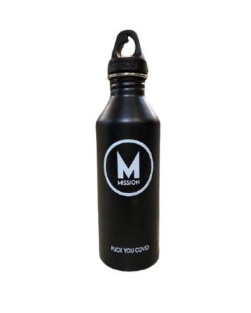 Botella de agua reutilizable Mizu x Mission negra Frontal