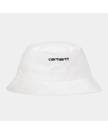 Hombre con sombero de pescador Carhartt WIP Script Bucket blanco 