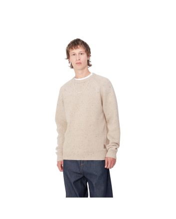 Hombre con suéter de lana Carhartt WIP Anglistic Sweater Speckled Moonbeam Blanco