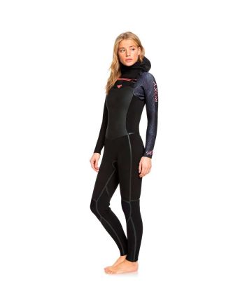 Traje de Neopreno Roxy 5/4/3mm Syncro Plus xon cremallera en el pecho y capucha negro para mujer 