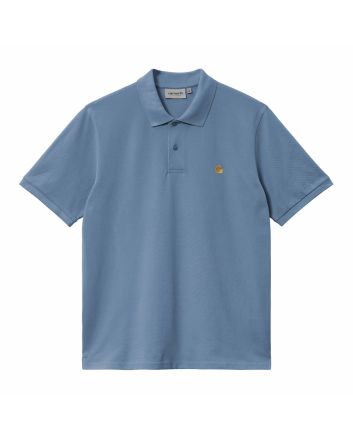 Polo de manga corta Carhartt WIP Chase Pique Azul Sorrento con logo dorado para hombre