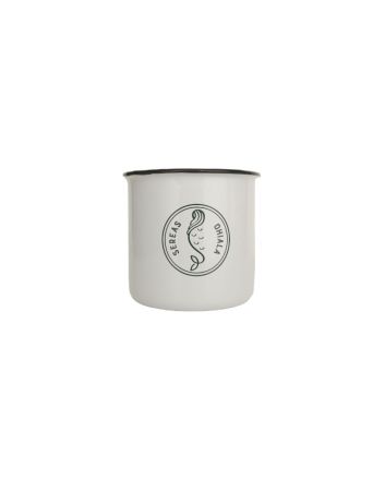 Taza de metal esmaltada Boca do Río de Sereas Ohiala en blanco con sirena en azul oscuro