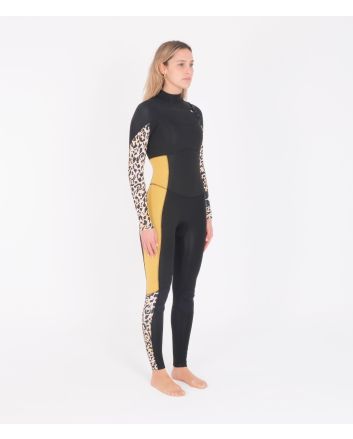 Mujer con traje de neopreno con cremallera en el pecho Hurley Advantage Plus 3/2mm negro y amarillo 