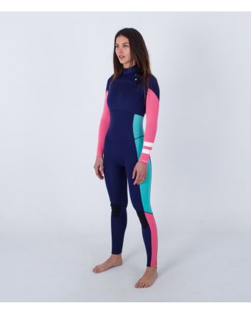 Mujer con Traje de Neopreno con cremallera en el pecho Hurley Woman Advant 4/3mm azul y rosa
