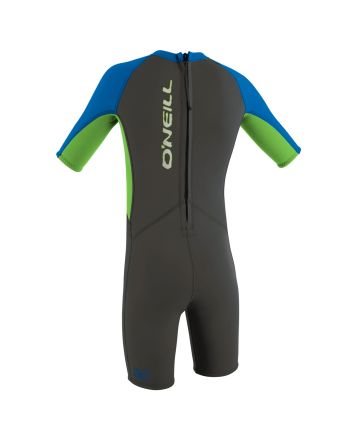Traje de surf de primavera con manga corta y cremallera en la espalda O'Neill Toddler Reactor II 2mm en grafito, lima y azul para niños de 1 a 6 años