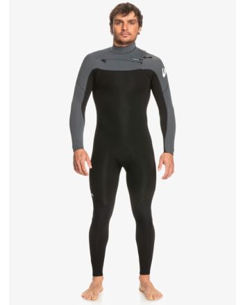 Hombre con traje de neopreno con cremallera en el pecho Quiksilver 4/3mm Everyday Sessions negro y gris