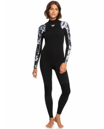 Mujer con traje de neopreno con cremallera en el pecho Roxy Elite 3/2mm negro floral
