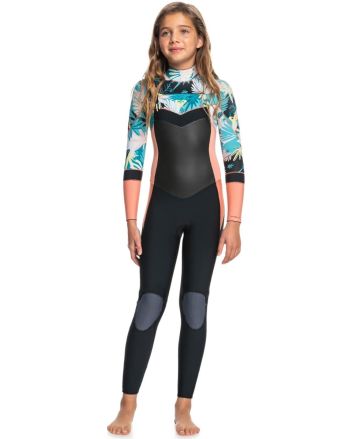 Traje de surf con cremallera en el pecho Roxy Syncro GBS 4/3 negro, coral y amarillo para niña