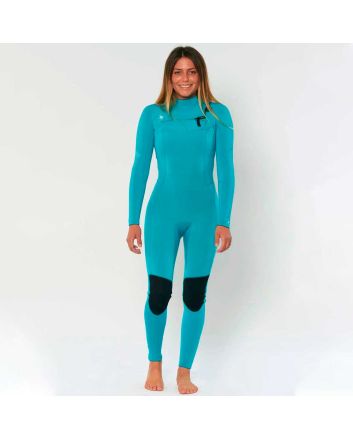 Mujer con traje de neopreno con cremallera en el pecho Sisstrevolution Seven Seas 3/2mm turquesa 