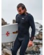 Hombre con tabla de surf JS y Neopreno Quiksilver Highline 4/3mm Chest Zip Negro 