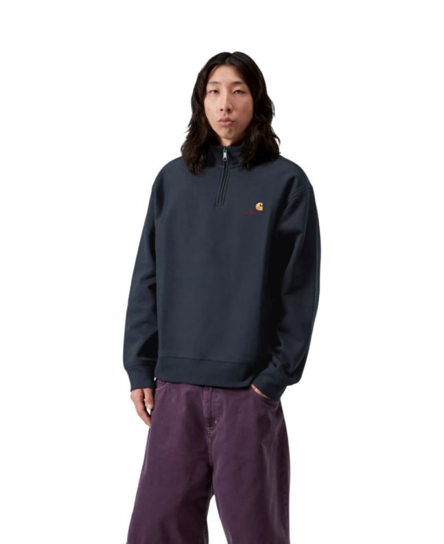 Hombre con sudadera de media cremallera Carhartt WIP Half Zip American Script Azul Marino
