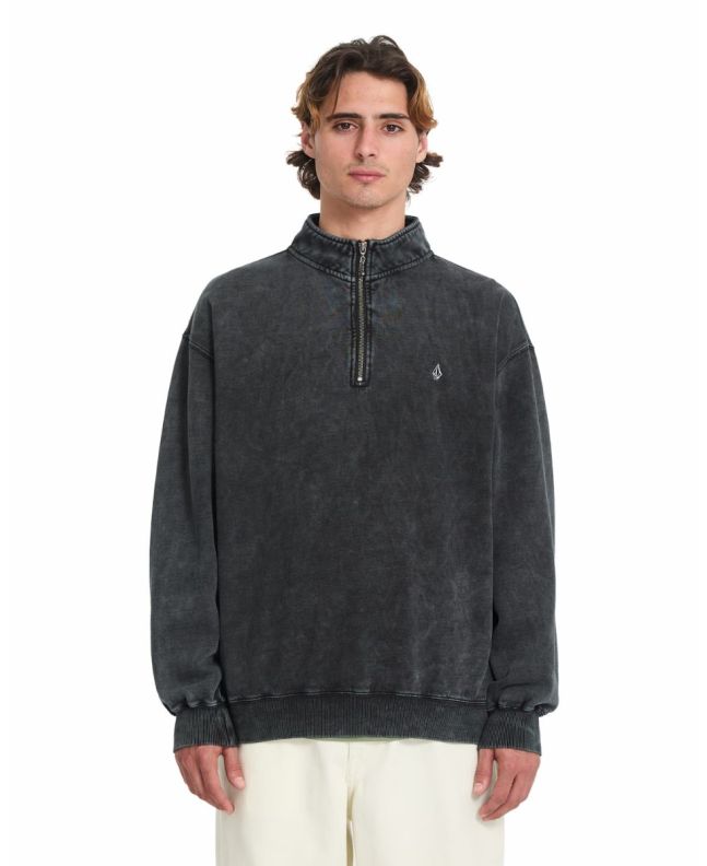 Hombre con sudadera Volcom Single Stone Quarter Zip negra lavado ácido