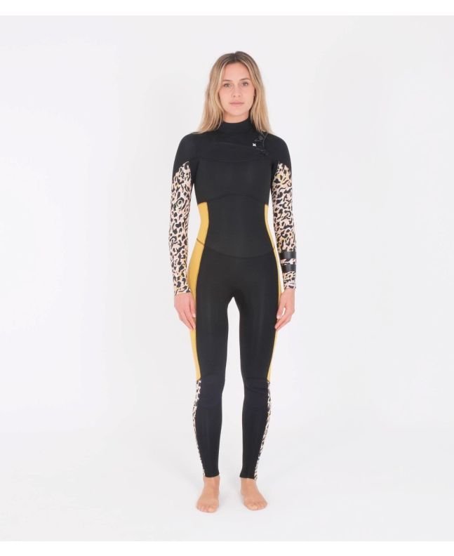 Mujer con traje de neopreno con cremallera en el pecho Hurley Advantage Plus 3/2mm negro y amarillo 