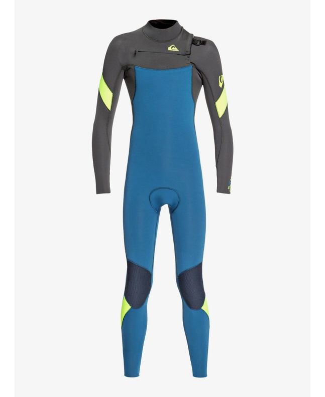 Traje de neopreno con cremallera en el pecho Quiksilver Syncro Boy 3/2mm azul, gris y lima para niño 8-16 años