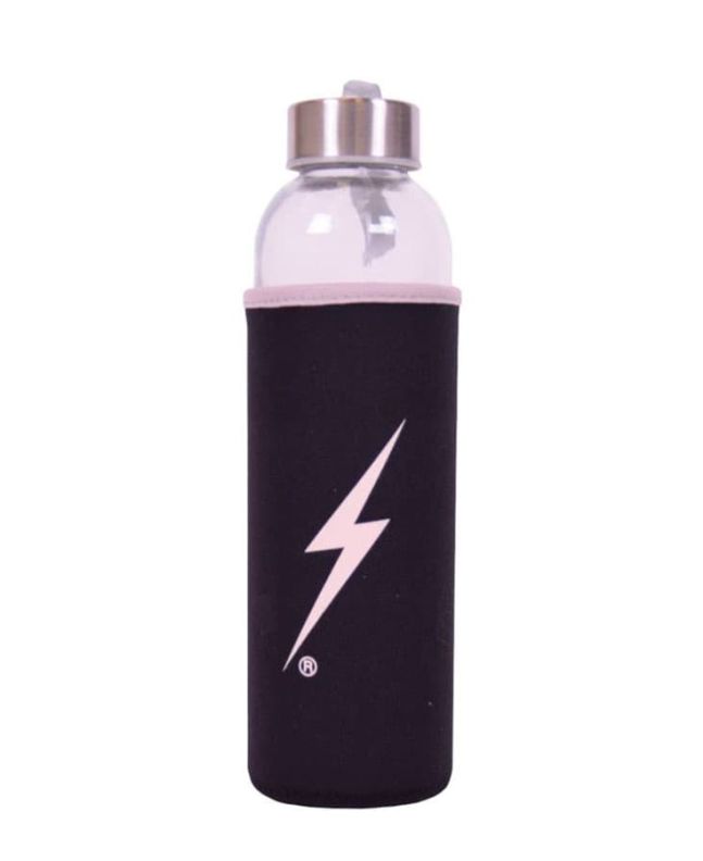 Botella de agua reutilizable de cristal Lightning Bolt Forever en negro claro
