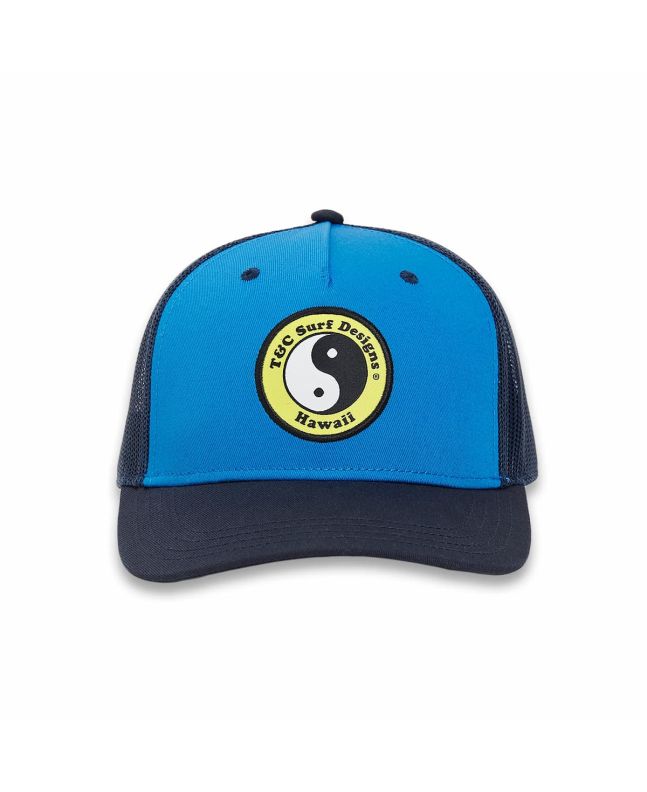Gorra Trucker T&C Surf Designs Yin Yang Azul con logo amarillo Unisex