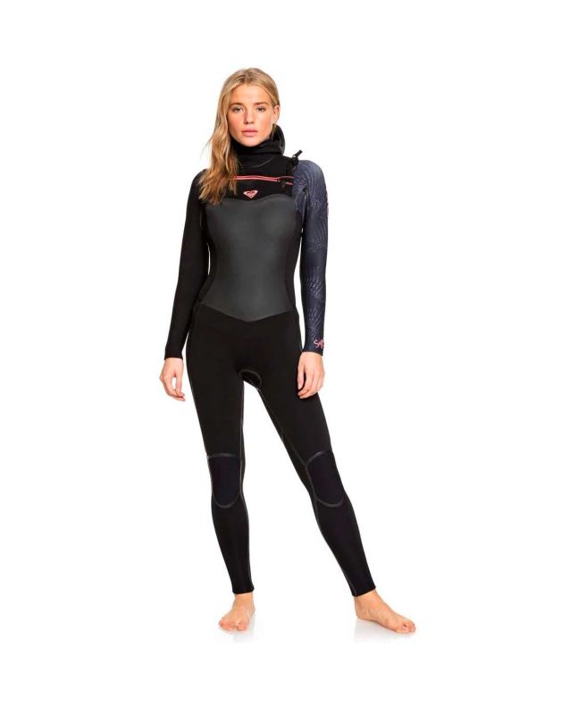 Traje de Neopreno Roxy 5/4/3mm Syncro Plus xon cremallera en el pecho y capucha negro para mujer 