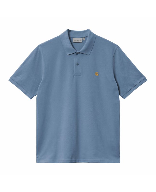 Polo de manga corta Carhartt WIP Chase Pique Azul Sorrento con logo dorado para hombre