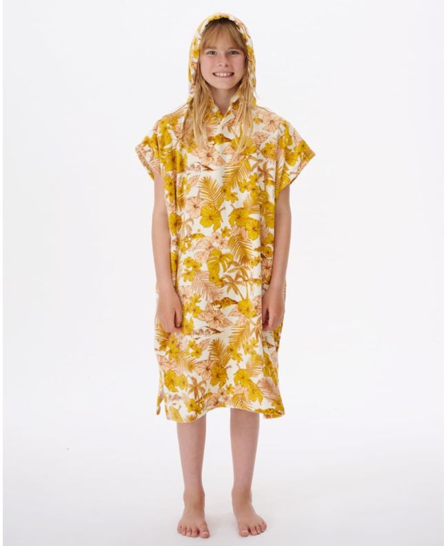 Niña con Toalla poncho con capucha Paradise amarillo retro floral 