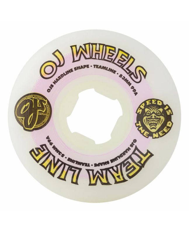 Ruedas de Skate OJ Wheels 53mm Team Line Original Hardline 99a en blanco púrpura y amarillo