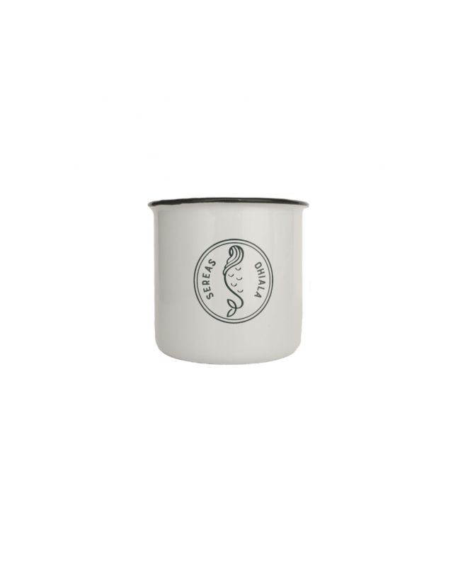 Taza de metal esmaltada Boca do Río de Sereas Ohiala en blanco con sirena en azul oscuro