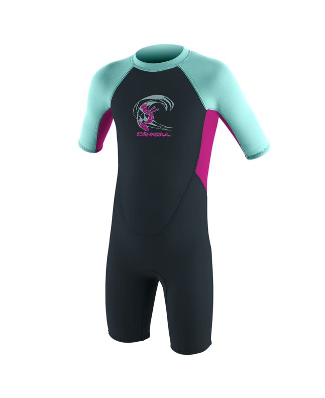 Traje de surf corto con cremallera en la espalda O'Neill Toddler Reactor II 2mm SS Spring Girl en Gris Fucsia y Turquesa para niñas de 1 a 6 años