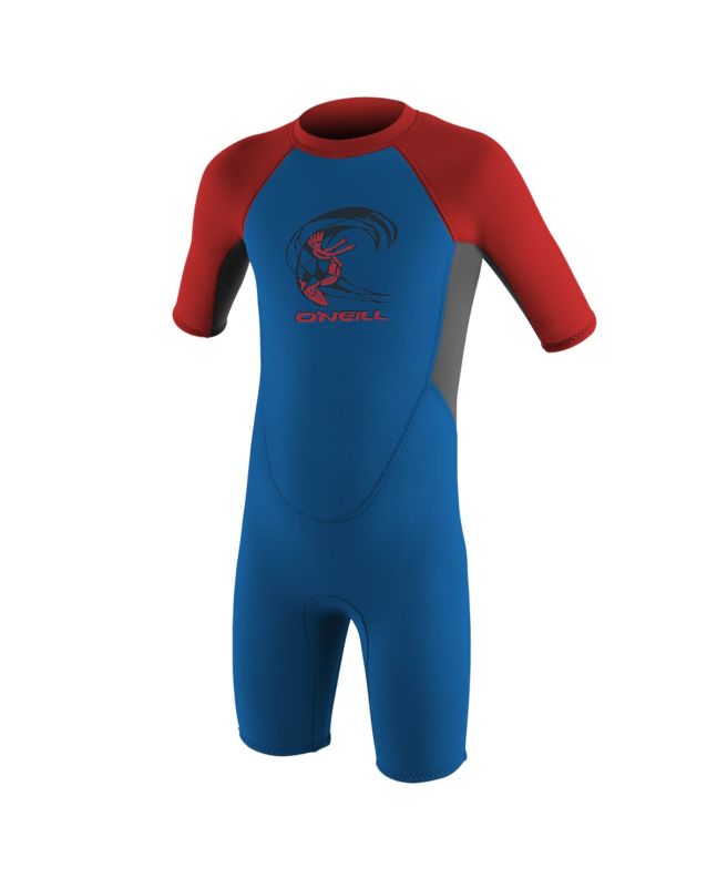 Traje de surf de primavera con manga corta y cremallera en la espalda O'Neill Toddler Reactor II 2mm en azul, grafito y rojo para niños de 1 a 6 años
