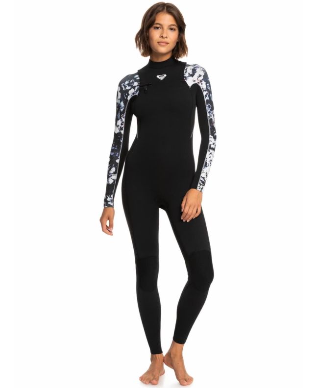 Mujer con traje de neopreno con cremallera en el pecho Roxy Elite 3/2mm negro floral