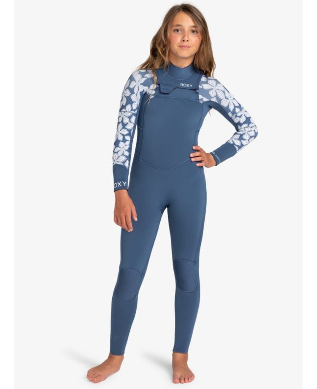 Niña con Traje de Surf con Cremallera en el Pecho Roxy Girl Swell Series 5/4/3mm Azul y Blanco Floral