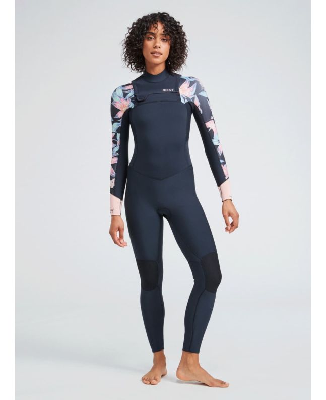 Mujer con neopreno con cremallera en el pecho Roxy Swell Series 4/3mm negro floral