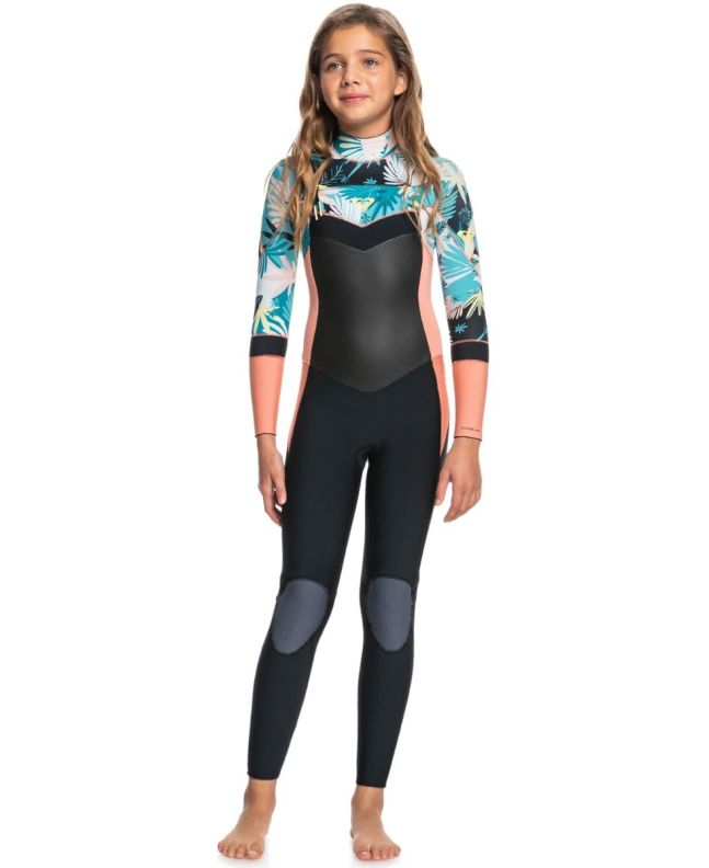 Traje de surf con cremallera en el pecho Roxy Syncro GBS 4/3 negro, coral y amarillo para niña