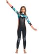 Traje de surf con cremallera en el pecho Roxy Syncro GBS 4/3 negro, coral y amarillo para niña frontal