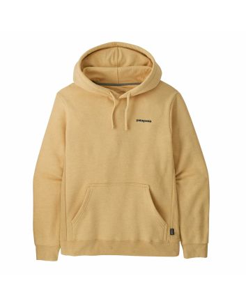 Sudadera con capucha Patagonia Boardshort Logo Uprisal Hoody unisex en color amarillo Beeswax Tan, vista trasera con gráfico surf y logo