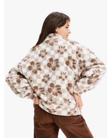 Mujer con Forro polar con media cremallera Roxy Jive Talking Bonded Blanco con estampado a cuadros y flores marrones