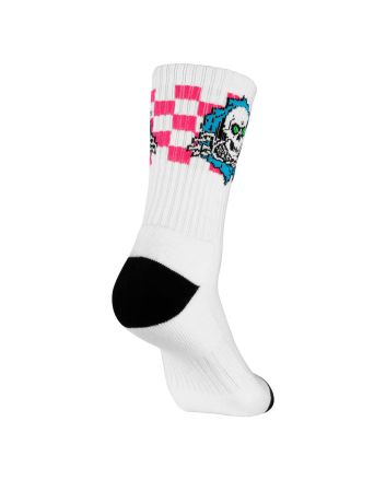 Calcetines Powell Peralta Ripper checker blancos con detalles azul y rosa para hombre