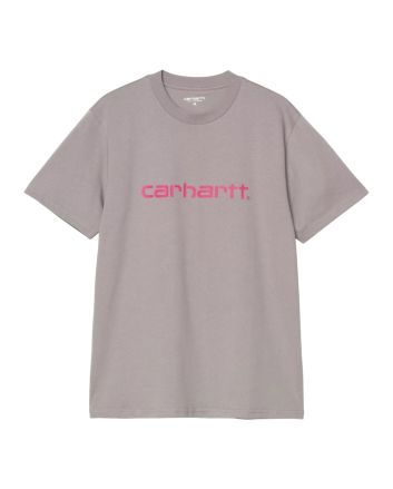 Camiseta de manga corta para hombre Carhartt WIP S/S Script T-Shirt gris yosemite con el logo en rosa 