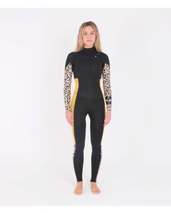 Mujer con traje de neopreno con cremallera en el pecho Hurley Advantage Plus 3/2mm negro y amarillo 