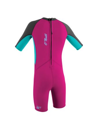 Traje de surf corto con cremallera en la espalda O'Neill Toddler Reactor II 2mm SS Spring Girl en Fucsia, aguamarina y gris grafito para niñas de 1 a 6 años
