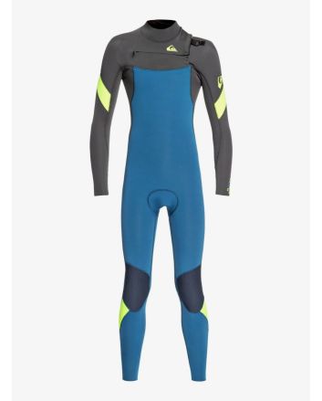 Traje de neopreno con cremallera en el pecho Quiksilver Syncro Boy 3/2mm azul, gris y lima para niño 8-16 años