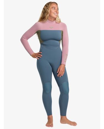 Mujer con Traje de surf con cremallera posterior Roxy 5/4mm Prologue+ color azul grisáceo, rosa y verde